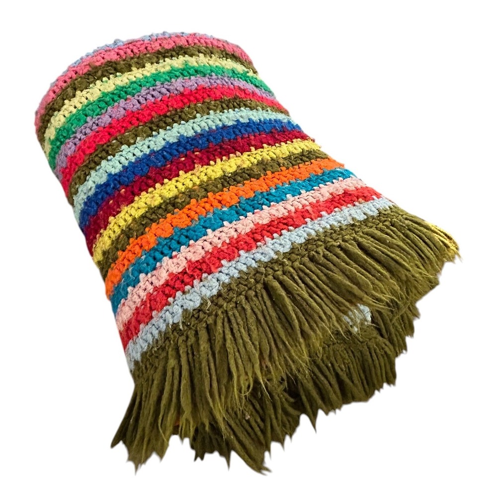 Vintage Handmade Crochet Rainbow Striped Throw Blanket Boho Fringe Afghan